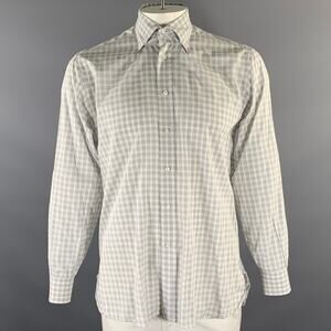 LORENZINI Size XL White Grey Gingham Cotton Button Down Long Sleeve Shirt